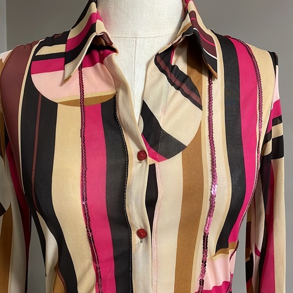 MORGAN DE TOI MYRIANA  geometrical sequin stripe button down shirt semi sheer XS - Picture 3 of 13